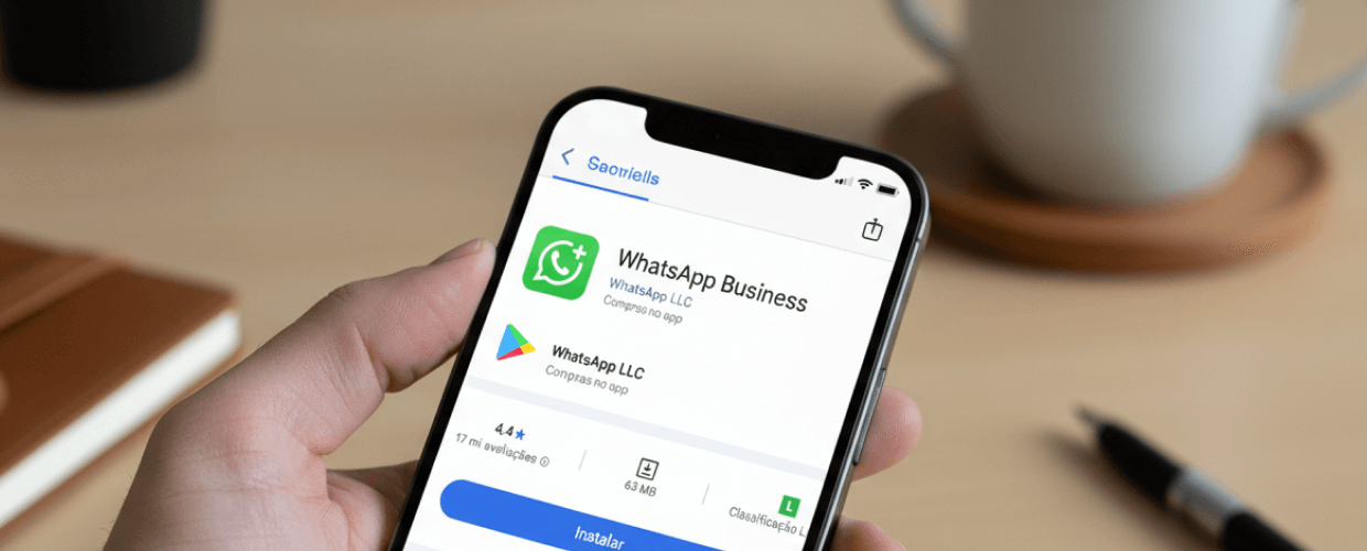 Imagem de uma mão segurando um celular que mostra o WhatsApp Business na tela