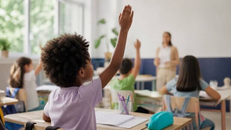 Estudante em ambiente escolar enquanto a gestão organiza documentos de rematrícula e mensalidade em atraso.